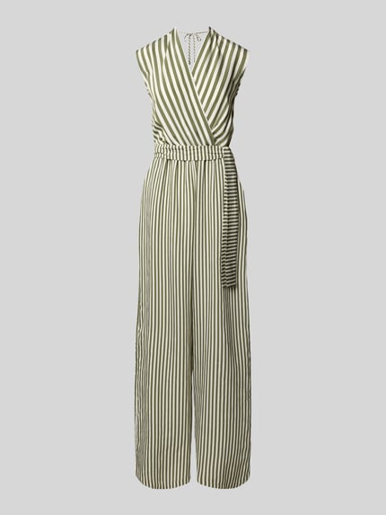 Produktfoto, Jumpsuit aus Viskose-Mix mit V-Ausschnitt von Rinascimento, gestreift in Grün und Weiß, taillierte Passform, ärmellos, strukturierte Stofftextur, abnehmbares Taillenband, Damen Jumpsuit, Rückenlänge S 150 cm, Brustweite S 40 cm, Innenbeinlänge S 77 cm.