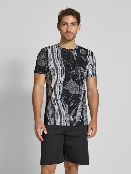 Carlo Colucci T-shirt met geribde ronde hals Antraciet gemêleerd - 4