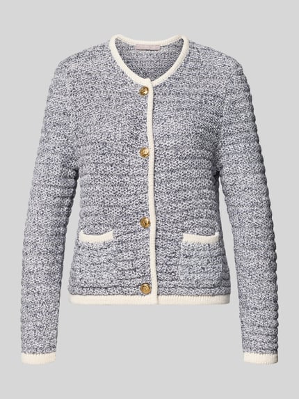 Produktfoto, Strickjacke mit Rundhalsausschnitt und Knopfleiste von Christian Berg Woman Selection aus pure katoen, regular fit, grijs-wit gemêleerd met witte biezen, knoopsluiting en opgestikte zakken
