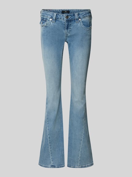 Produktfoto, lichtblauwe Low Rise Flared Jeans met steekzakken model 'JOEY' van TRUE RELIGION, katoenmix, used-look, rechte voorkant