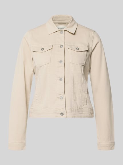 Productfoto, Regular Fit Jeansjacke aus Baumwoll-Mix van Tom Tailor, effen lichtbeige denim, borstzakken, tailleband, lange mouwen, katoenmix.