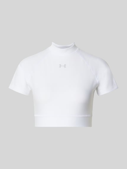 Productfoto, Cropped T-Shirt met logo en opstaande kraag van Under Armour, wit, materiaal-mix met stretch, ruglengte maat S 30 cm