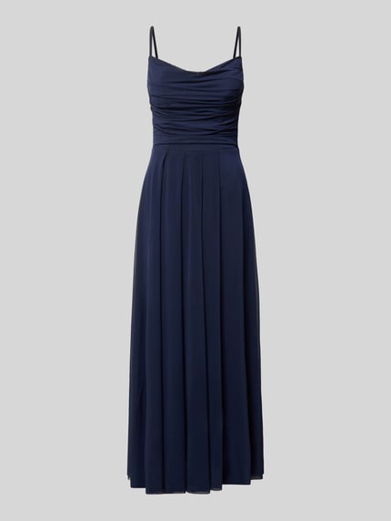 Produktfoto, Cocktailkleid mit Drapierungen von TROYDEN COLLECTION in Dunkelblau, taillierter Schnitt, Mesh, Wasserfall-Ausschnitt, Midikleid