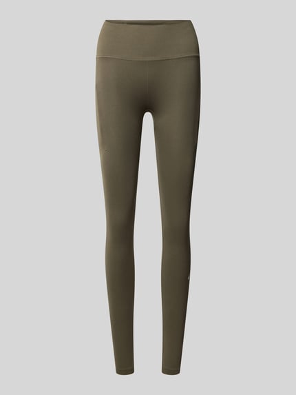 Produktfoto, olivgrüne Slim Fit Leggings mit Logo-Print von ASICS, elastischer Bund, Struktur-Partien, glatte Textur, Damen Leggings.