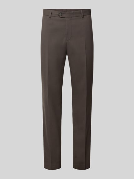 Produktfoto, dunkelbraune Slim Fit Anzughose mit Woll-Anteil Modell 'SLIM-NEIL' von Selected, glatte Textur, neutrale Hintergrundfarbe.