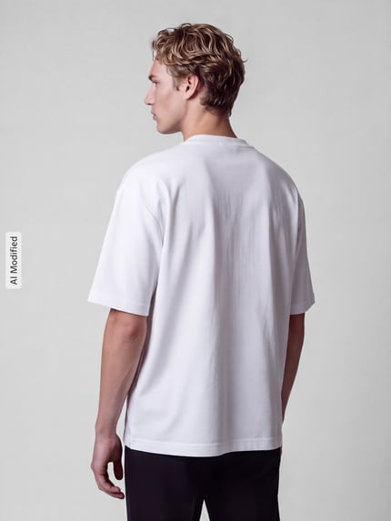 Männermodel trägt weißes Relaxed Fit T-Shirt mit Rundhalsausschnitt Modell 'OSCAR' von SELECTED HOMME, reine Baumwolle, Ganzkörperansicht Rückansicht, KI-modifiziertes Bild. Rückenlänge bei Größe M: 66 cm.