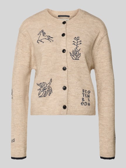 Produktfoto, Strickjacke mit Stitchings und Rundhalsausschnitt von Scotch & Soda, Damen, Material-Mix mit Alpaka-Anteil, Regular-Fit, beige mit schwarzen Stitchings, Knopfleiste, Rückenlänge 49 cm, Ärmellänge 59 cm