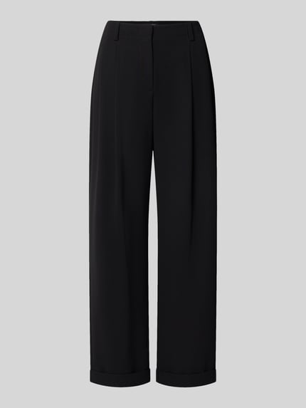 Produktfoto, Relaxed Fit Stoffhose mit Kellerfalten von Armani Exchange, czarne spodnie materiałowe z kontrafałdą, kieszenie wpuszczane i kieszeń z tyłu, zapięcie na guzik i zamek błyskawiczny, mankiety na nogawkach, Szerokość w rozmiarze 36: 42 cm, Długość wewnętrzna nogawki w rozmiarze 36: 78 cm