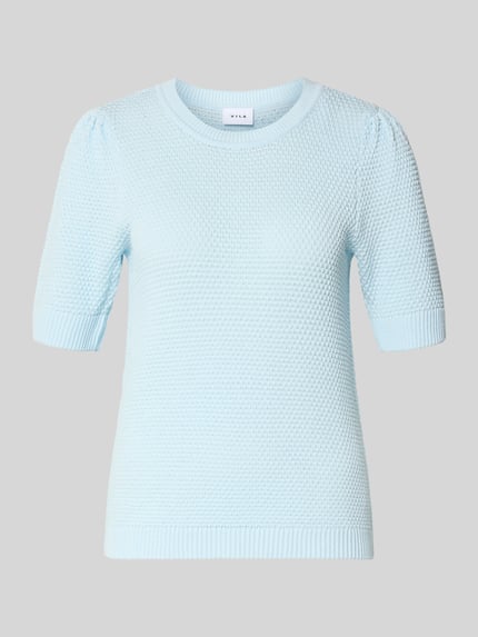 Productfoto, Slim Fit T-Shirt in breistructuur model 'Vidalo' van Vila, lichtblauw, katoen, ronde hals, korte mouw, strakke pasvorm