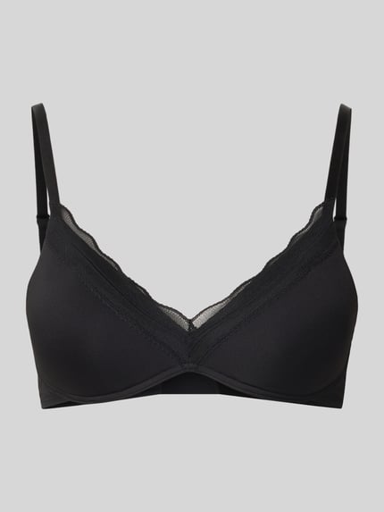 Produktfoto, schwarzer Slim Fit Push-Up BH mit Spitzenbesatz Modell 'Go Blush' von Sloggi, verstellbare Träger, glatte Struktur