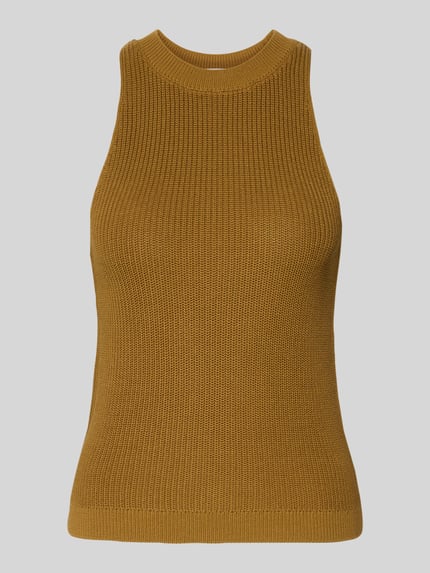 Produktfoto, Stricktop mit Rundhalsausschnitt von Style Icon Collection w kolorze musztardowym, bawełna z wiskozą, krój slim fit, długość tyłu w rozmiarze S 54 cm