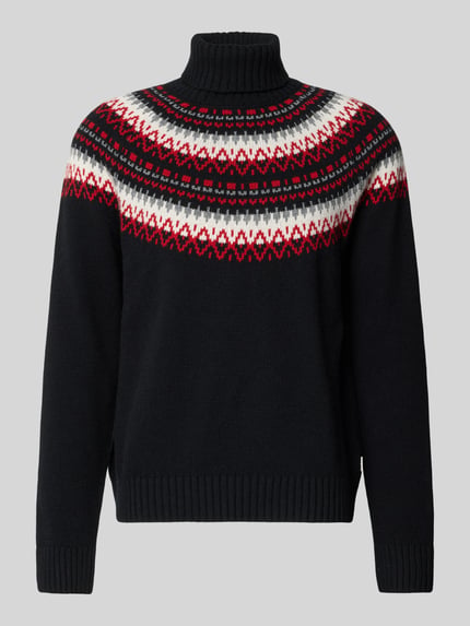 Produktfoto, Strickpullover mit Rollkragen von Gant aus Baumwoll-Woll-Mix mit Viskose-Anteil, lockerem Schnitt, gerippte Abschlüsse, Rot-Weiß-Schwarz-Muster