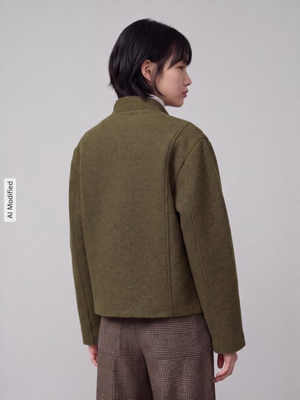 Männermodel trägt Regular Fit Blouson aus mieszanka wełny Modell 'JACQUELINE' von Selected, damska bomberka/bluzon, Ganzkörperansicht Rückansicht, KI-modifiziertes Bild