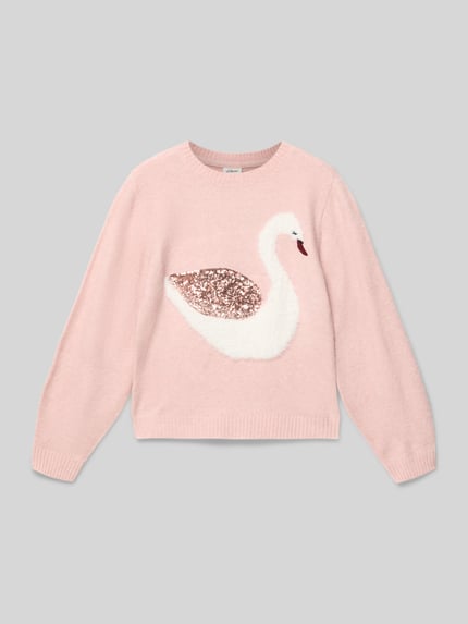 Produktfoto, Regular Fit Strickpullover mit Intarsien von s.Oliver RED LABEL in zartrosa, Schwan-Motiv mit Pailletten, Crew Neck, langarm, Strickstruktur