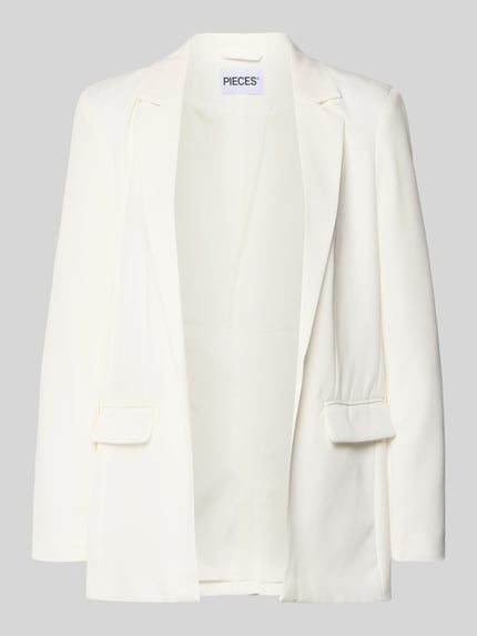 Produktfoto, Loose Fit Longblazer met Abnähern Model 'BOZZY' van Pieces in effen wit met reverskraag, labelstitching en klepzakken.