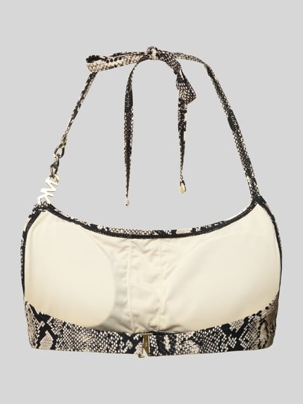 Produktfoto, Bikini-Oberteil mit Logo Chain Strap Modell 'BOHO PYTHON' von Michael Kors im Boho-Look, Material-Mix mit Stretch-Anteil, körpernahe Passform, beige-schwarz, feine Schlangenmuster-Optik, abnehmbare Soft Cups.