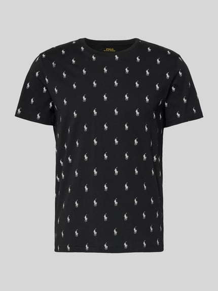 Produktfoto, Regular Fit Pyjama-Oberteil aus reiner Baumwolle Modell 'CREW-SLEEP-TOP' von Polo Ralph Lauren Underwear, schwarzes Kurzarmshirt mit weißem Polo-Pony-Muster, Crew Neck, glatte Textur.