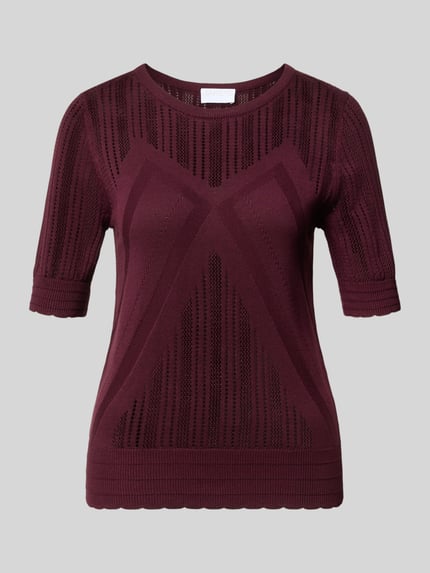 Produktfoto, Regular Fit T-Shirt in Strick-Optik von Jake*s Collection, Damen T-Shirt aus Baumwoll-Modal-Mix, Halbarm, Rundhalsausschnitt, bordeauxfarbene Struktur mit grafischem Muster.