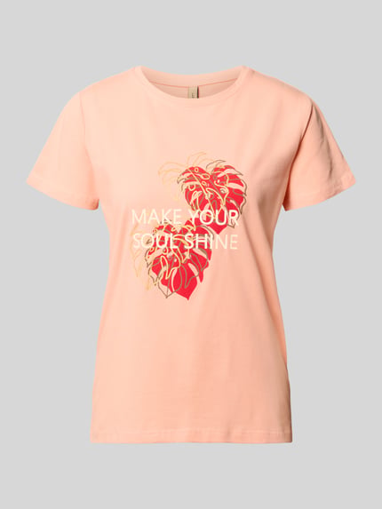 Produktfoto, Damen T-Shirt aus Reine Baumwolle in zartem Rosa mit Statement- und Motiv-Print, Regular-Fit, Modell 'RINA' von Soyaconcept, Rundhalsausschnitt, Rückenlänge bei Größe S 60 cm