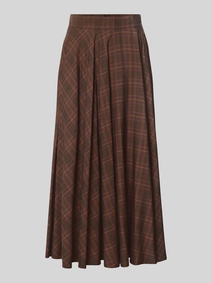 Produktfoto, Ausgestellter Midi-Rock aus reiner Viskose Modell 'MICIO' von MAX&Co., braunes Tartan-Allover-Muster, Twill-Struktur