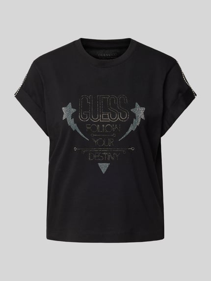 GUESS T-shirt z detalem z logo Czarny 2