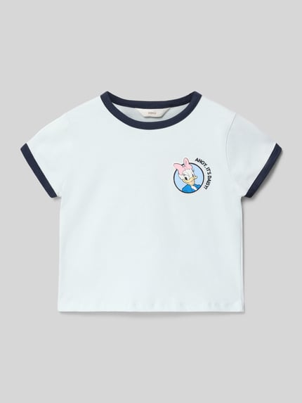 Produktfoto, Regular Fit T-Shirt mit Motiv-Print Modell 'Sail' von Mango, Kinder T-Shirt aus Reine Baumwolle, Rundhalsausschnitt, Rückenlänge bei Größe 116: 35 cm, weiß mit dunklen Bündchen und kleinem Motiv-Print vorn