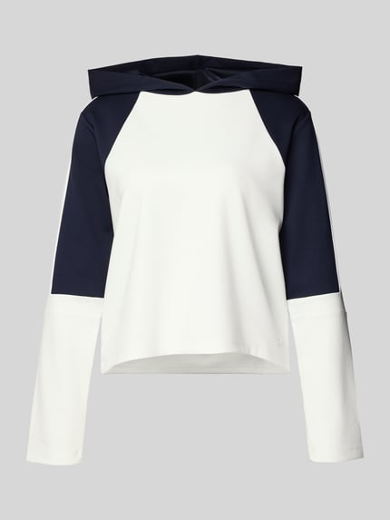 Produktfoto, Relaxed Fit Sweatshirt mit Viskose-Anteil van monari, elastische materiaalmix, dames sweatshirt met capuchon, lange mouwen, wit en donkerblauw, rechte vormen, glad oppervlak