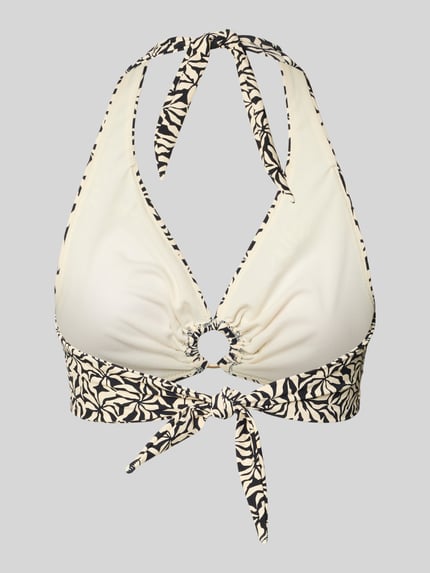 Produktfoto, Bikini-Oberteil mit Ring-Detail Modell 'Mahry' von Barts, mieszanka materiałów z dodatkiem streczu, krój cross halter fit, dekolt w serek, wiązanie na szyi, wiązanie, detal z logo, jasny kolor, kontrastowe czarno-beżowe wzory, gładka tekstura