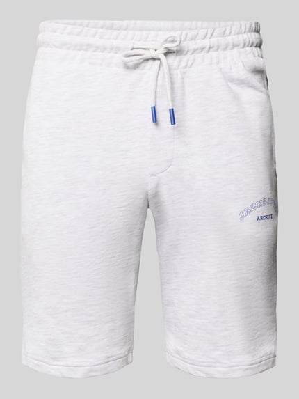 Produktfoto, Shorts mit Logo-Print Modell 'GORDON' von Jack & Jones aus Baumwoll-Mix in Hellgrau, Relaxed-Fit, elastischer Bund mit Kordelzug, sichtbare Webstruktur, Bundweite 42 cm, Innenbeinlänge 25 cm