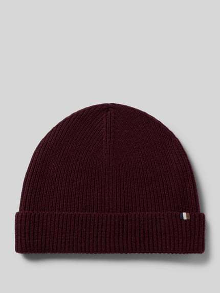 Produktfoto, czapka beanie z dodatkiem żywej wełny bugatti, Mieszanka materiałów, wąski brzeg, efekt prążkowania, Detal z motywem