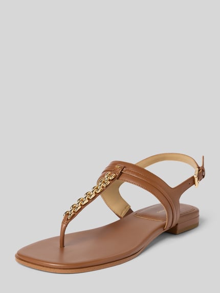 Produktfoto, sandały Sandalen aus echtem Leder Modell 'Marcia' von MICHAEL Michael Kors w kolorze brązowym, naturalna skóra, ozdobne obszycie, zaokrąglony czubek, otwarta pięta, gładka podeszwa, wysokość obcasa: 1 cm przy rozmiarze 40