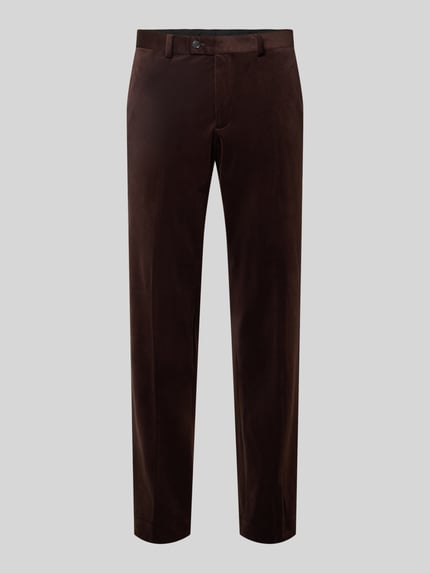 Produktfoto, Slim Fit Samthose mit Stretch-Anteil von MCNEAL in dunkelbraunem Samt, Knopf-, Reißverschluss, Gürtelschlaufen und seitlichen Eingrifftaschen, elastischer Material-Mix, Kontext: Herren Samthose, Bundweite 45 cm, Innenbeinlänge 82 cm.