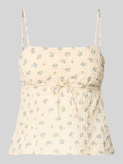 Productfoto, Babydoll-Top uit seersucker met striksluiting van REVIEW, regular fit, structuurpatroon, met verstelbare spaghettibandjes, stretchmateriaal, licht beige met kleine blauwe bloemen