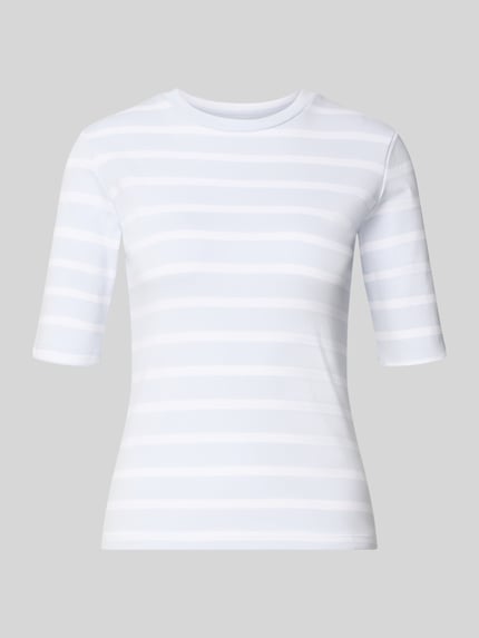 Productfoto, Basic T-Shirt Ringel O-Neck van Christian Berg Woman, wit met lichtblauwe strepen, katoen-elastaanmix, aangesloten fit, korte mouwen, O-hals