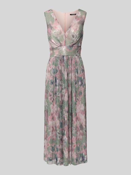 Produktfoto, Cocktailkleid mit V-Ausschnitt von Swing, elastyczny miks materiałów, krój taliowany, chiffon, crinkle, długość midi, szerokość w rozmiarze 36: 38 cm, długość tyłu 124 cm, zamek na plecach, print w pastelowe kwiaty