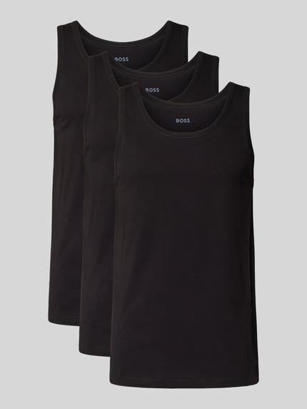 Produktfoto, schwarzes Tank Top mit Label-Detail im 3er-Pack Modell 'Modern' von BOSS, Baumwoll-Elasthan-Mix, enge Passform, breite Träger