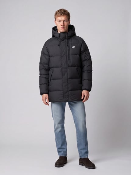 Männermodel trägt Regular Fit Steppjacke mit Kapuze von Nike in Schwarz mit Logo-Stitching, Longline, seitliche Taschen, Ganzkörperansicht von vorne.