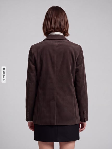 Frauenmodel trägt Loose Fit Longblazer mit steigendem Reverskragen Modell 'NORA' von VERO MODA, braun, feine Struktur, Ganzkörperansicht Rückansicht, KI-modifiziertes Bild.