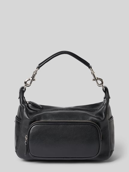 Produktfoto, schwarze Shoulder Bag aus echtem Leder Modell 'PIPO' von MANGO mit Reißverschlüssen und abnehmbarem Schulterriemen, glatte Struktur