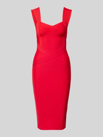 Produktfoto, Knielanges Cocktailkleid mit Herz-Ausschnitt von Lipsy in leuchtendem Rot, körpernaher Schnitt, breite Träger, Material-Mix mit Stretch-Anteil.