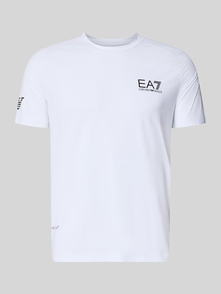 Produktfoto, wit EA7 Heren T-shirt met labelprint van Armani, slim fit, materiaalmix met stretch, ronde hals, ruglengte bij maat M 69 cm