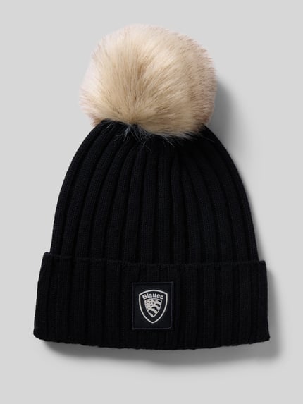 Blauer USA Gebreide muts met pompon en labeldetail, model 'LIFE' Zwart - 1