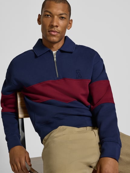 Männermodel trägt Relaxed Fit Sweatshirt aus reiner Baumwolle von ARMEDANGELS in Dunkelblau und Bordeaux, Nahaufnahme Oberkörper.