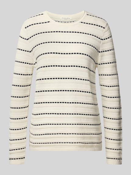 Produktfoto, Regular Fit Longsleeve aus reiner Baumwolle von Christian Berg Woman, cremefarben mit schwarzen Streifen, Strick-Optik, Rundhalsausschnitt, Damen Longsleeve