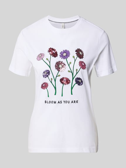 Produktfoto, Slim Fit T-Shirt aus reiner Baumwolle Modell 'KITA' von Only, weiß, Motiv-Print Blumen, Pailletten, Rundhals, unifarben, Kurzarm, Jersey