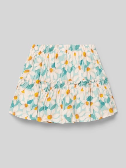 Productfoto, Rock aus Viskose im Allover-Look van Mayoral, wit met geel-groene bloemen, A-lijn, stufen-look, elastische tailleband