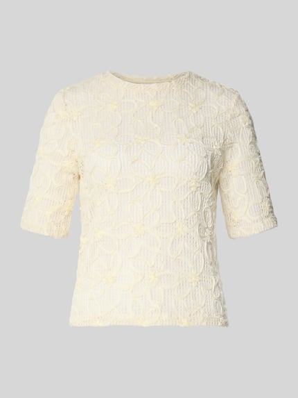 Productfoto, Regular Fit T-shirt met bloemenapplicatie van Jake*s Collection, semi-transparant design, ronde hals, ruglengte maat S 52 cm