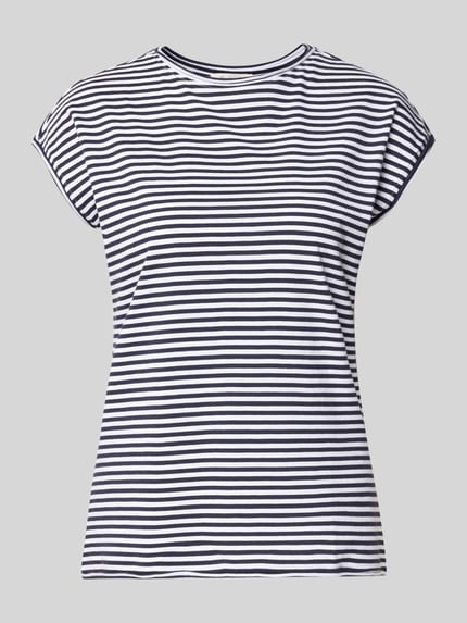 Produktfoto, T-Shirt mit Rundhalsausschnitt von Christian Berg Woman, damski t-shirt z bawełny, krój regular fit, zrolowany brzeg, długość tyłu w rozmiarze S 55 cm, paski czarno-białe, gładka faktura