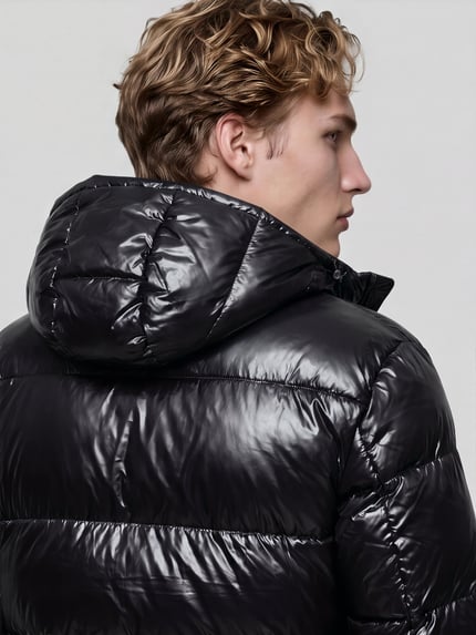 Männermodel trägt Pufferjacke mit Kapuze Modell 'Baros2641' von HUGO in Schwarz, glänzende Struktur, Nahaufnahme Rückansicht.