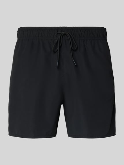Produktfoto, Badeshorts mit Logo-Stitching von Lacoste in Schwarz, unifarbene Optik, elastischer Bund, seitliche Eingrifftaschen, schnelltrocknend